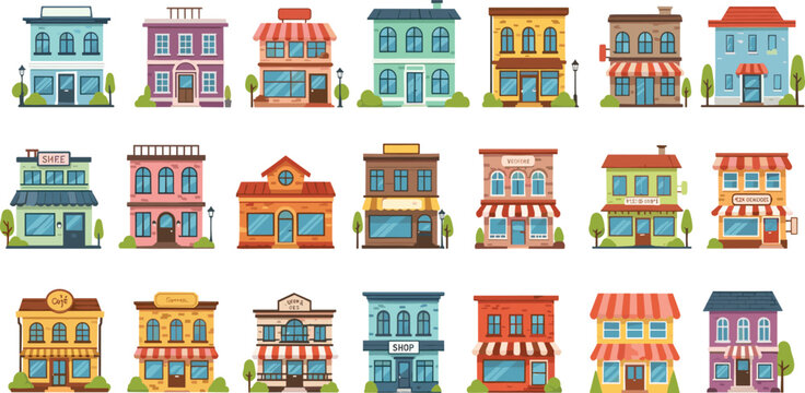 Vector Set of Colorful Small Business Storefronts Including Cafes, Shops, and Retail Stores for Urban Design ProjectsVector Set of Colorful Small Business Storefronts Including Cafes, Shops, and Retai