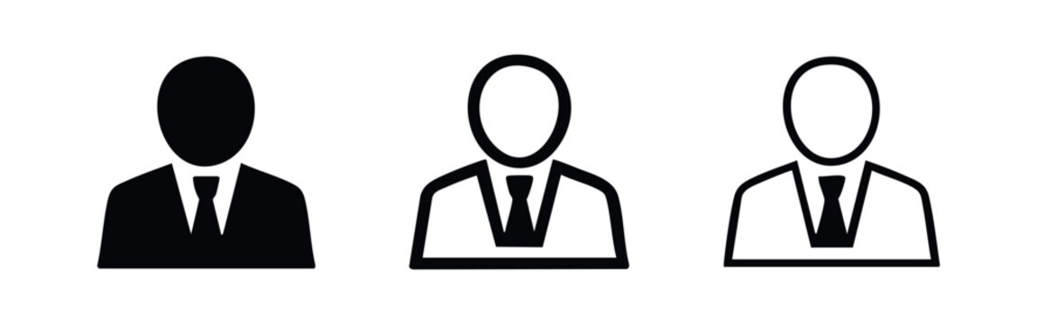 Businessman avatar icon set depicting a professional in solid, thick outline, and thin outline styles