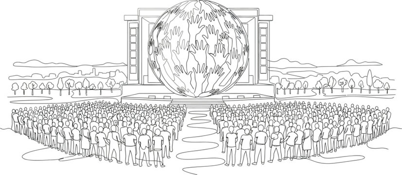 black and white illustration of people gathered around a large sphere
