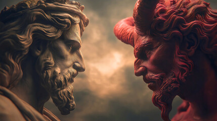 Fototapeta premium God devil angel demon good evil, heaven hell battle conflict confrontation duel, rivalry opposite religion spiritual faith temptation