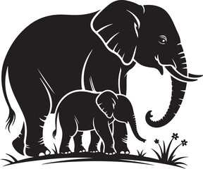 Fototapeta premium Black and white of elephant and small elephant calf standing on grass baby elephant
