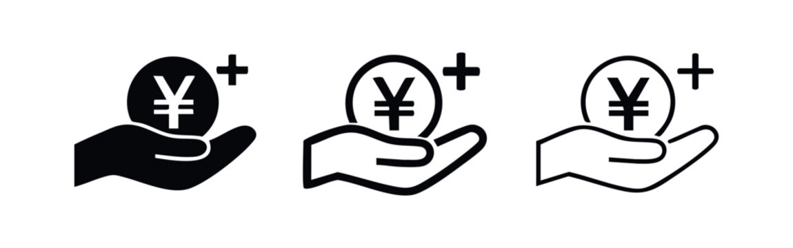 Hand holding Yen/Yuan coin with plus sign icon set. Vector for income, profit, or financial growth.