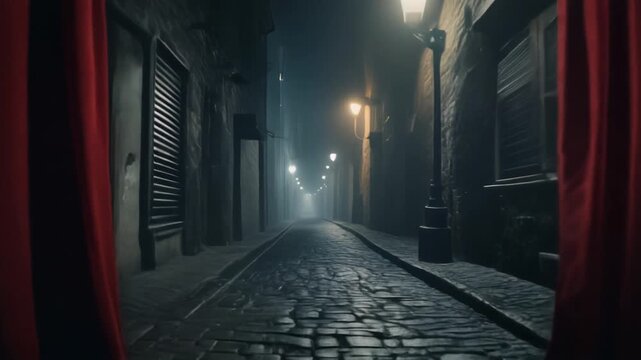 Velvet curtains reveal foggy alleyway shadows cinematic noir atmosphere dark urban mystery scene dramatic visuals