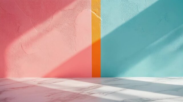 Colorful textured wall with orange and blue segments, marble floor, shadowed light