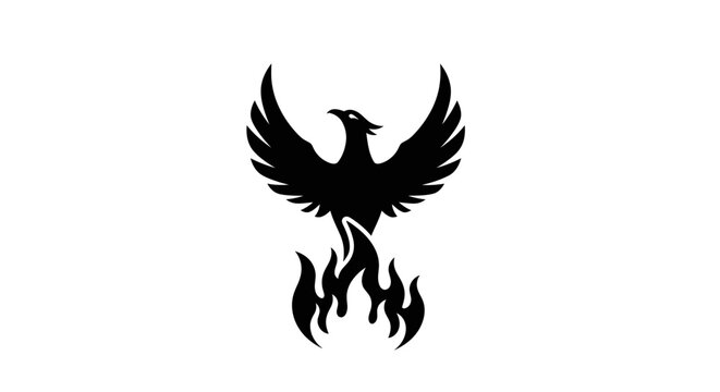 Black Phoenix Rising from Flames Silhouette.