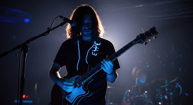 Guitarist performing on stage with a focused expression.