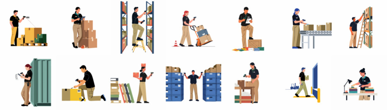 Diverse set of warehouse workers managing inventory, shipping, and logistical processes in a distribution center, depicted in a flat vector illustration style.