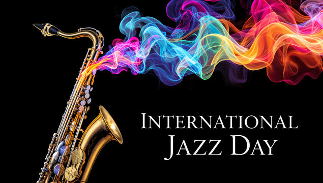 Saxophone with smoke and international jazz day text. Ideal for music events, jazz festivals, posters, and social media.