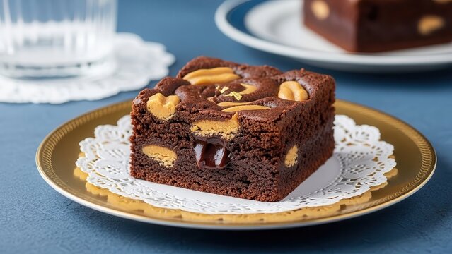 Single square of rich chocolate brownie with peanut butter swirls on a goldrimmed plate