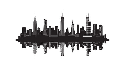 Black and white city skyline with modern skyscrapers and iconic buildings at dawn © md