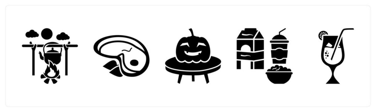 A set of 5 mix icons as barbecue, chicken slice, halloween pumpkin