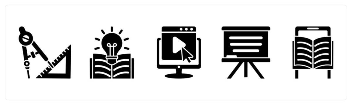 A set of 5 mix icons as geometry, knowledge, e learning