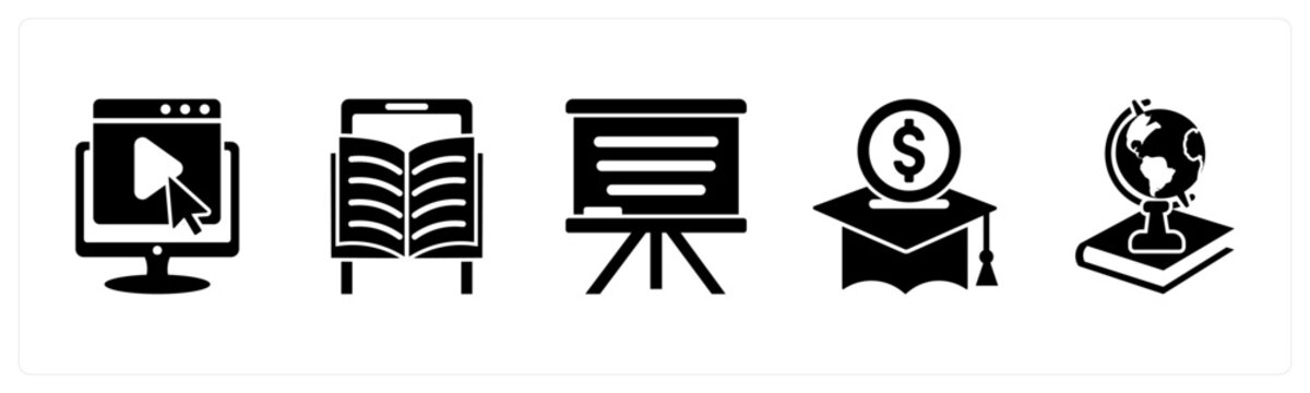 A set of 5 mix icons as e learning, mobile learning, white board