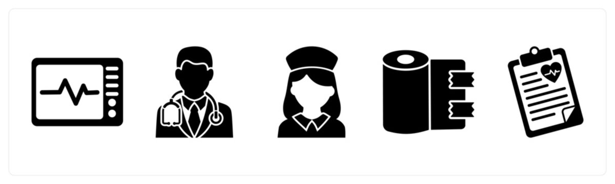A set of 5 mix icons as ecg machine, male doctor, nurse