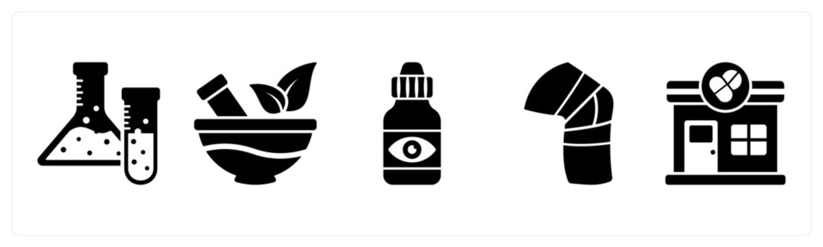 A set of 5 mix icons as flask, ayurvedic medicine, eye drop