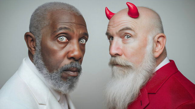Men elderly senior diverse multiethnic angel, devil concept character duality heaven hell, good evil beard grey white groomed