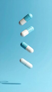 A light blue background with four falling capsules