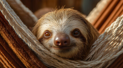 Fototapeta premium Sloth hammock relaxation sleeping napping resting, cozy comfortable cute funny animal mammal, fur smiling happy peaceful calm serenity
