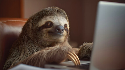 Fototapeta premium Sloth laptop computer working office desk, typing animal mammal furry claws funny, cute whimsical humorous lazy slow business