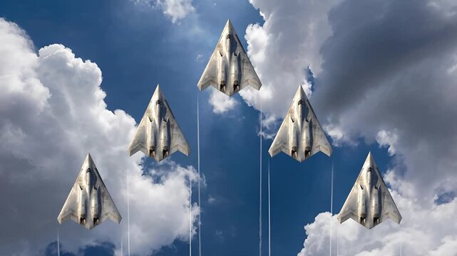 Five Futuristic Stealth Drones Flying in V-Formation Through Dramatic Cloudy Sky with Contrail Trails