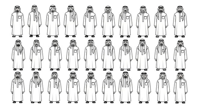 Diverse group of traditional Arab men in various attire poses.