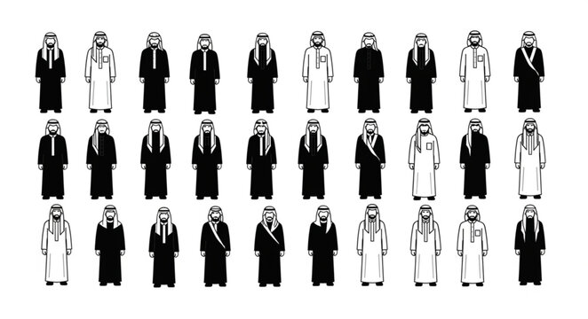 Diverse group of traditional Arab men in various attire.