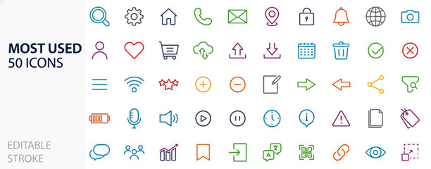 A comprehensive collection of 50 editable stroke icons, perfect for web design, app interfaces, and user experience projects, featuring diverse symbols for communication, navigation, and functionality © Debra