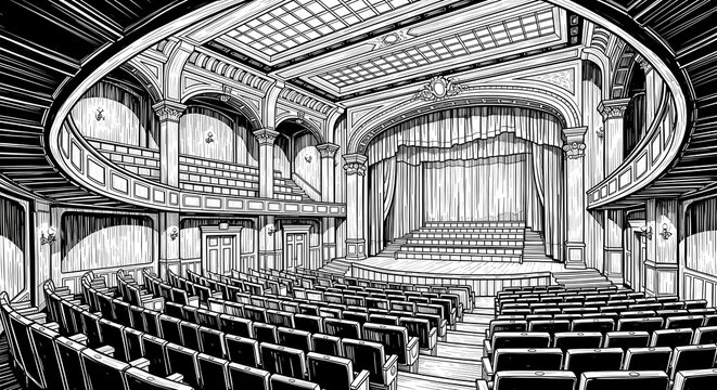 Detailed black and white illustration of an empty grand theater with rows of seats, a stage, balconies, and ornate architectural details.