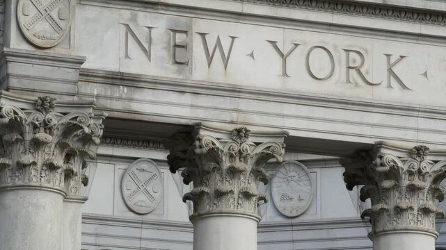 New York City Downtown Civic Center, United States of America. Manhattan municipal building 1914, old historic architecture. Government administration authority. Center and Chambers street. Columns.