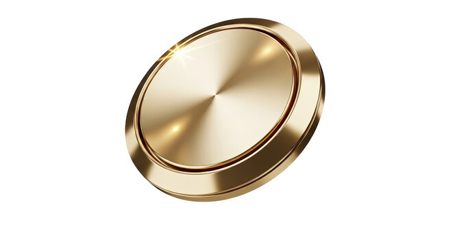 Gold shiny circular medal isolated on transparent background with light reflections