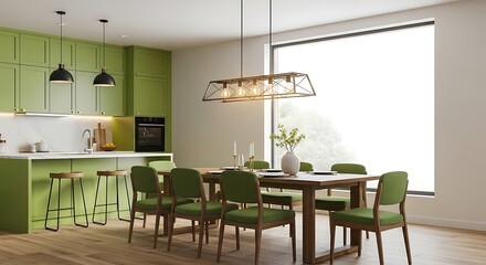 Fototapeta premium Modern kitchen and dining area with green accents and sleek lighting fixtures