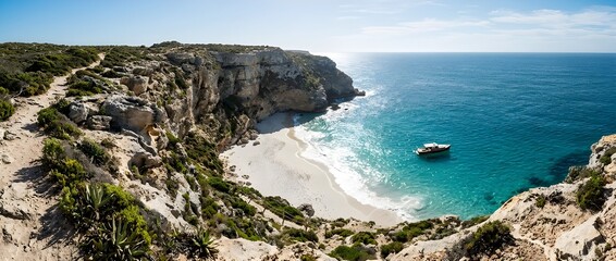 Fototapeta premium Hidden Beach Below Cliffside Coast Glows with Turquoise Water and Weathered Stone in Sunlight