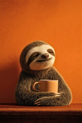 Fototapeta premium Cute Sloth Character Holding Coffee Mug with Happy Expression on Orange Background