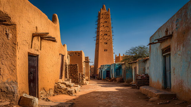 This view of the Great Mosque of Agadez in Niger shows its tall mudstone minarets. A background illustration of a historical site in Niger.