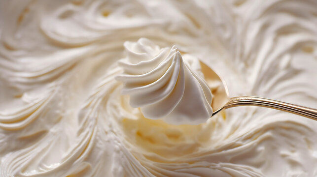 Whipped cream swirl with a silver spoon, fluffy white dairy dessert topping with soft peaks and tasty vanilla flavor, gourmet baking ingredient