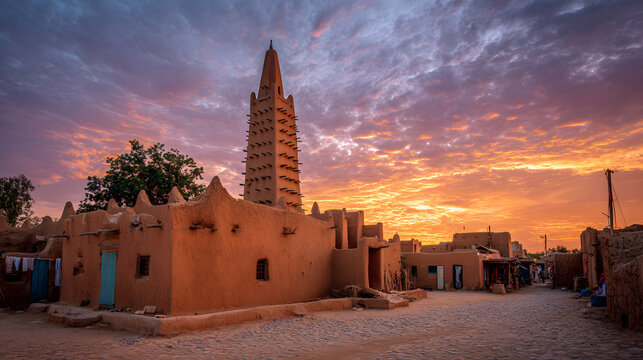A view of the Great Mosque of Agadez in Niger, with its tall mudstone minarets rising against the orange and purple sky. A background illustration of a historical site in Niger.