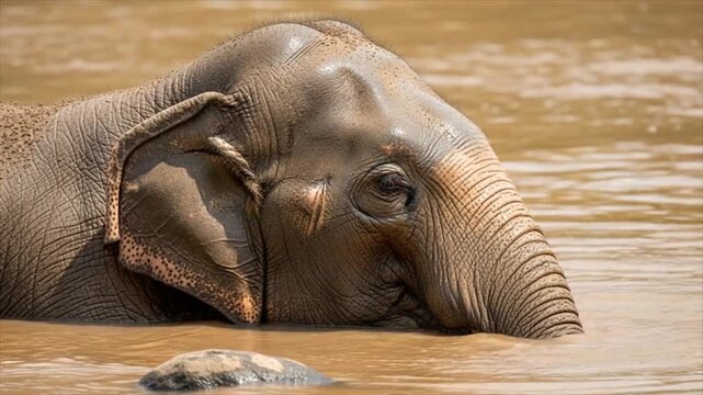 Gentle Giant's Aquatic Serenity: A majestic Asian elephant finds respite in the refreshing embrace of water, its wrinkled skin reflecting the sun's tender touch.