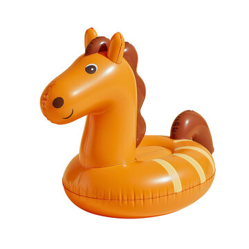 Cute inflatable horse pool float with orange and brown stripes, shiny vinyl toy stallion with a cartoon mane and tail isolated on a white background