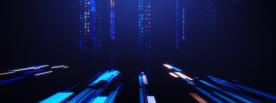Abstract visualization of artificial intelligence machine learning and digital data streams. Glowing blue light rays symbolize neural networks, deep learning, and advanced cloud computing systems.