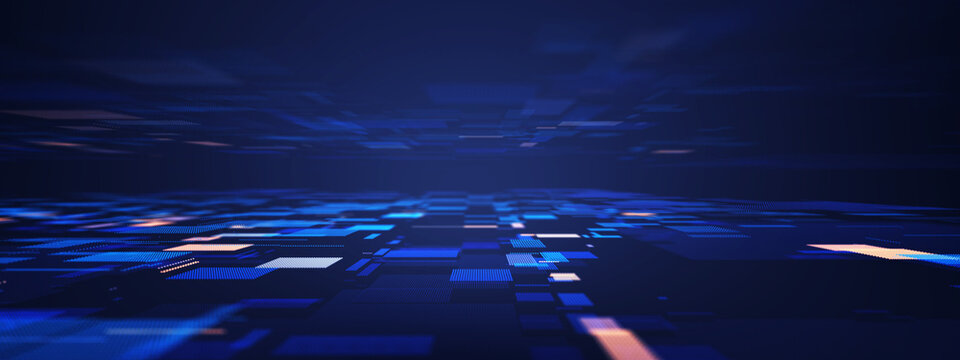 Advanced 3D rendering of a glowing blue data grid and digital square patterns. Perfect for representing artificial intelligence, cloud computing, cyber security, and futuristic tech networks.