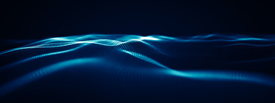 Futuristic 3D rendering of glowing blue particle waves representing artificial intelligence, big data flow, and neural networks. Professional high tech background for cyber security.