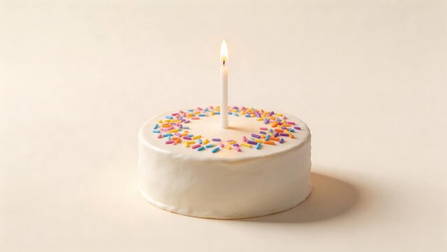 Round cake with lit candle and sprinkles
