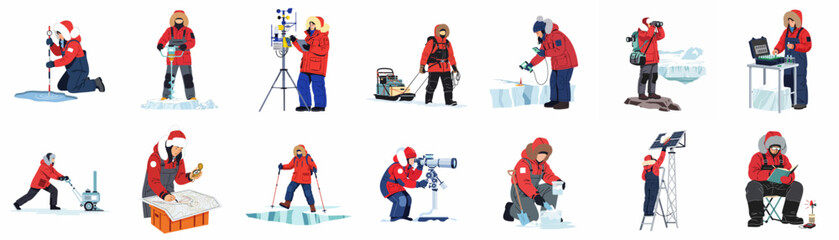 A collection of polar scientists and researchers conducting various scientific experiments and data collection tasks in an arctic or antarctic environment. © Sepuluh