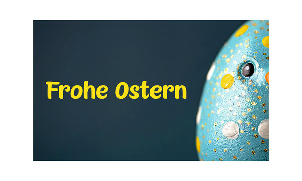 Modern Easter greeting featuring &ldquo;Frohe Ostern&rdquo; text alongside a colorful decorated egg on a clean background. Minimal and vibrant composition ideal for greeting cards, social media, banners