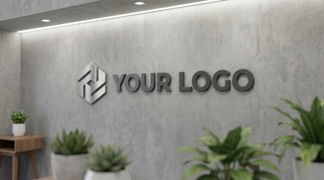 A modern office interior with a logo on the wall surrounded by plants on pots and a wooden table indoors.