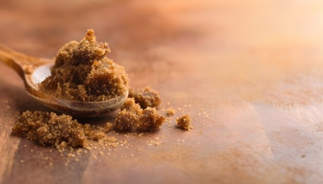 Warm, textured brown sugar spilling from a rustic wooden spoon on an aged surface, ideal for sweetening and baking