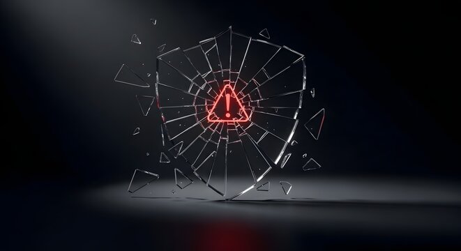 Shattered shield with a glowing red exclamation mark inside a triangle signifies a critical security breach or warning.