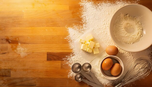 Baking ingredients and tools laid out on a wooden surface, ready for preparation