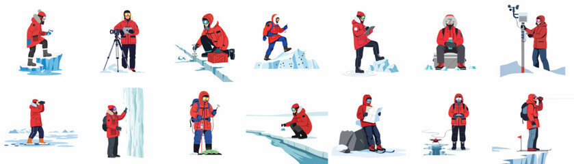 Flat vector set of arctic explorers and scientists in red parkas conducting various research activities on ice and snow in polar regions. © Sepuluh