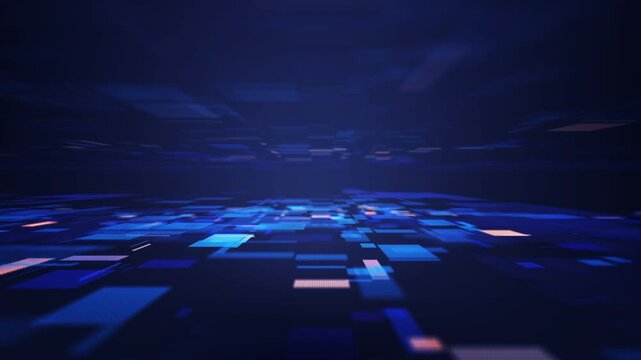 Advanced 3D rendering of a glowing blue data grid and digital square patterns. Perfect for representing artificial intelligence, cloud computing, cyber security, and futuristic tech networks.